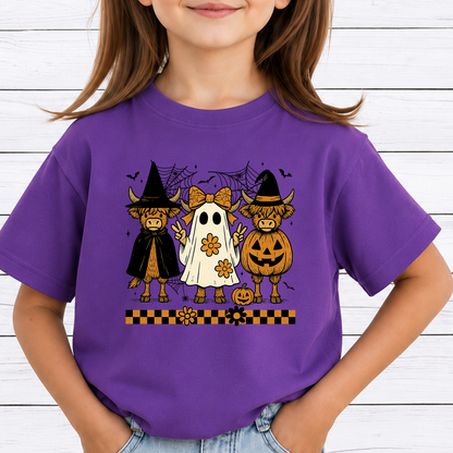 Groovy Highland Cows Halloween PNG Sublimation Design - Cute Coquette Ghost Witch Pumpkin Cow Digital File (4500x5000px, 300 DPI Transparent PNG)