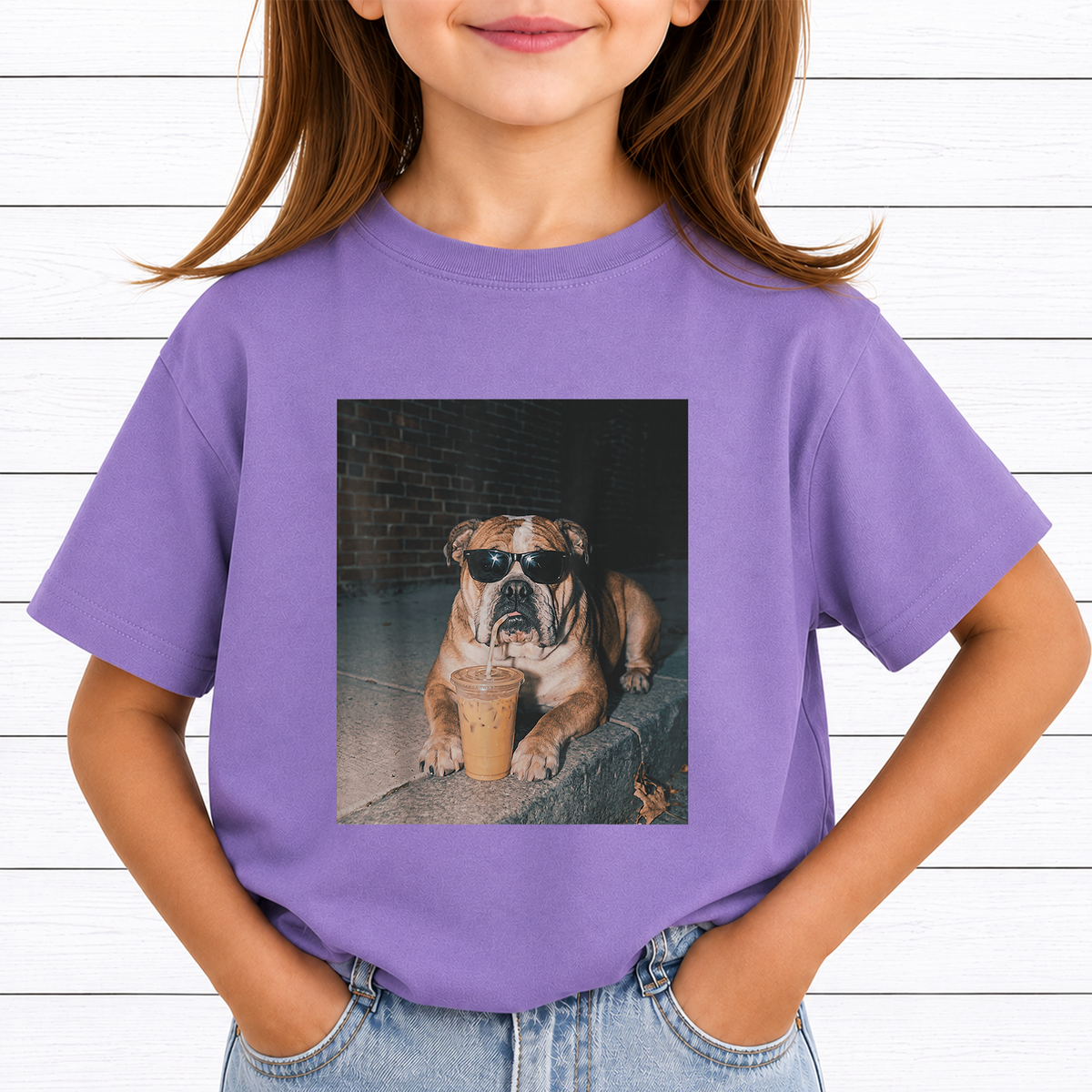 Cool English Bulldog Drinking Iced Coffee PNG Sublimation Design - Dog Lover Sunglasses Streetwear Digital File (4500x5000px, 300 DPI Transparent PNG)