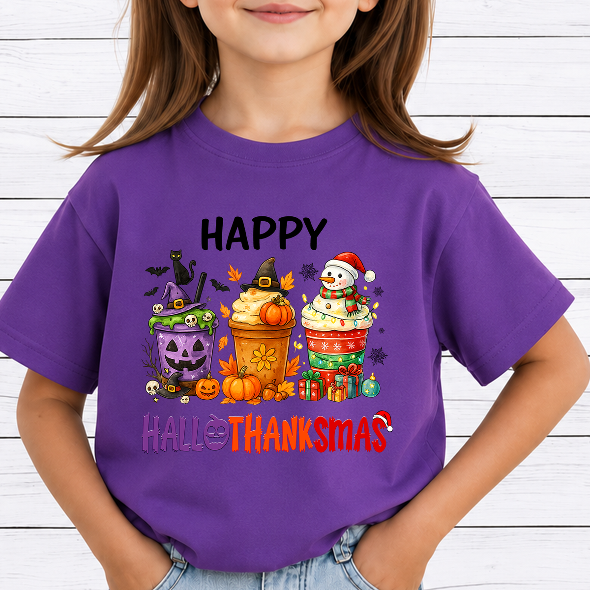 Hallothanksmas PNG Sublimation Design - Holiday Coffee Cups Halloween Thanksgiving Christmas Digital File (4500x5000px, 300 DPI Transparent PNG)