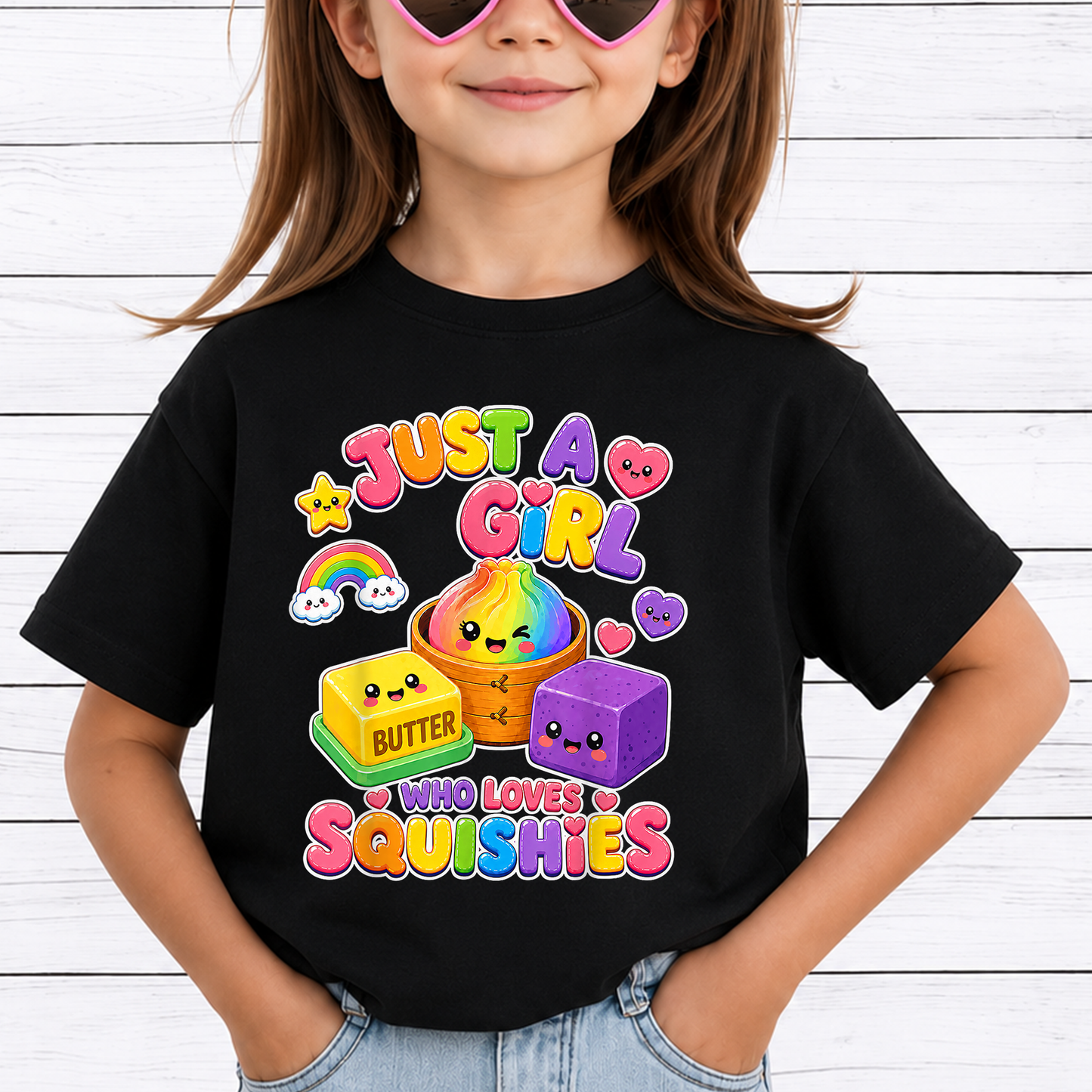 Just A Girl Who Loves Squishies PNG Sublimation Design - Cute Kawaii Rainbow Dumpling Butter Toy Kids Shirt Digital File (4500x5000px, 300 DPI Transparent PNG)