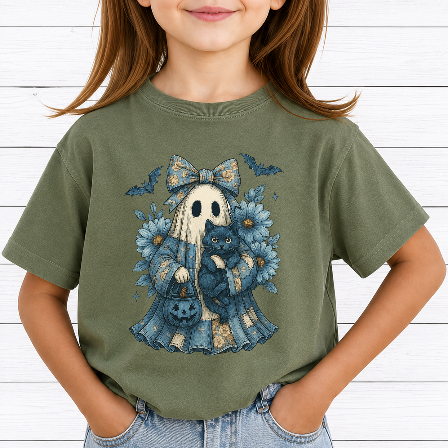 Blue Coquette Ghost PNG Sublimation Design - Vintage Floral Patchwork Sheet Ghost Black Cat Pumpkin Bucket Digital File (4500x5000px, 300 DPI Transparent PNG)