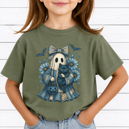 Blue Coquette Ghost PNG Sublimation Design - Vintage Floral Patchwork Sheet Ghost Black Cat Pumpkin Bucket Digital File (4500x5000px, 300 DPI Transparent PNG)
