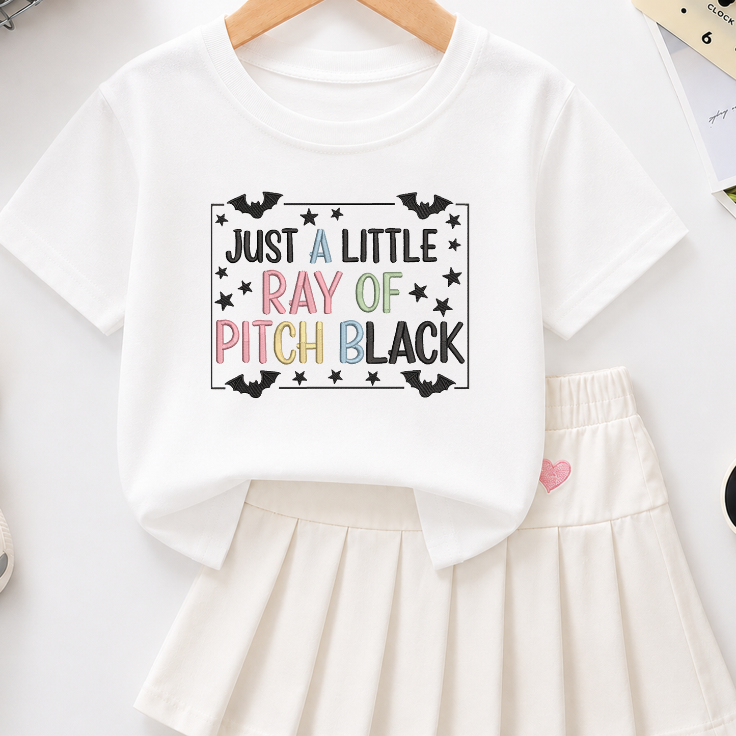 Just A Little Ray Of Pitch Black Machine Embroidery Design - Funny Pastel Goth Halloween Quote Digital File (4in, 5in, 7in, 9in) - EMB, DST, JEF, EXP, PES, VP3, HUS, XXX