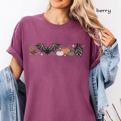 Bats and Pumpkins Neckline Border Machine Embroidery Design - Vintage Fall Halloween Sweatshirt Line Digital File (4in, 5in, 7in, 9in) - EMB, DST, JEF, EXP, PES, VP3, HUS, XXX