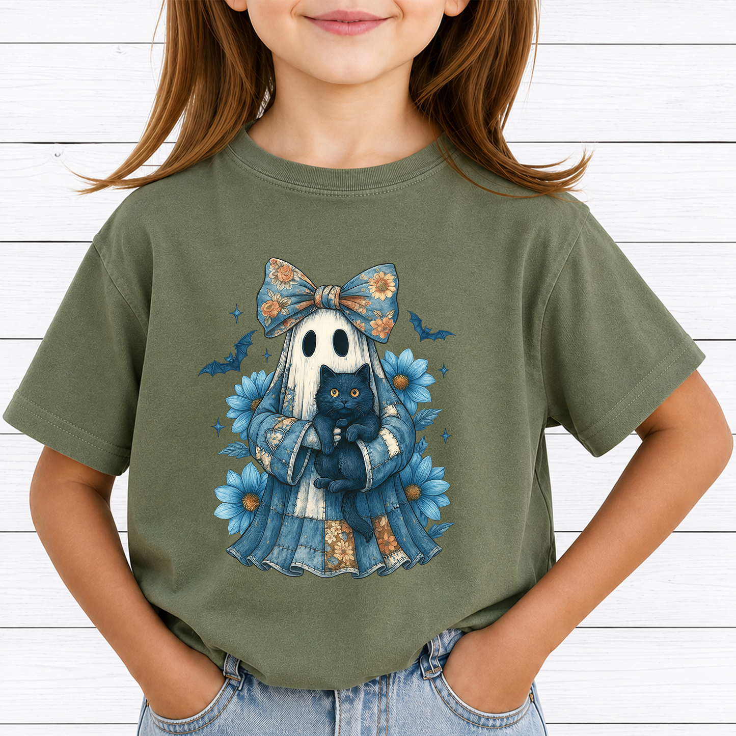 Blue Coquette Ghost PNG Sublimation Design - Vintage Floral Patchwork Sheet Ghost Black Cat Daisy Digital File (4500x5000px, 300 DPI Transparent PNG)