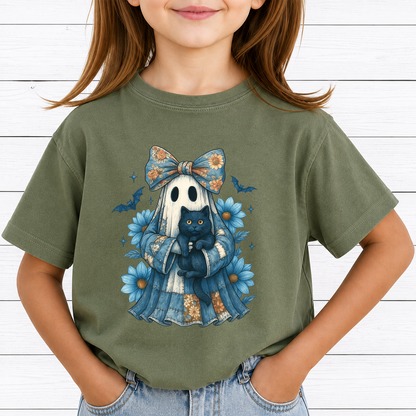 Blue Coquette Ghost PNG Sublimation Design - Vintage Floral Patchwork Sheet Ghost Black Cat Daisy Digital File (4500x5000px, 300 DPI Transparent PNG)