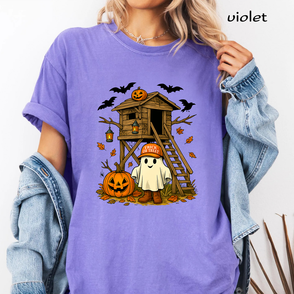 Halloween Treehouse PNG Sublimation Design - Cute Ghost in Boots Trick or Treat Pumpkin Digital File (4500x5000px, 300 DPI Transparent PNG)