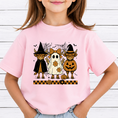 Groovy Highland Cows Halloween PNG Sublimation Design - Cute Coquette Ghost Witch Pumpkin Cow Digital File (4500x5000px, 300 DPI Transparent PNG)