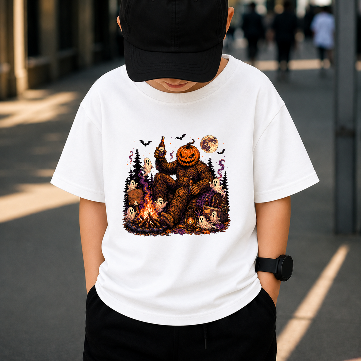 Halloween Bigfoot Pumpkin Head PNG, Sasquatch Campfire Beer PNG, Spooky Ghost Halloween Shirt Design, Vintage Horror Digital Download, 300 DPI Transparent PNG
