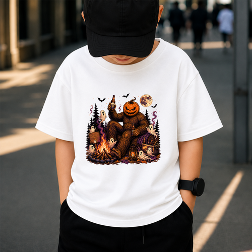 Halloween Bigfoot Pumpkin Head PNG, Sasquatch Campfire Beer PNG, Spooky Ghost Halloween Shirt Design, Vintage Horror Digital Download, 300 DPI Transparent PNG