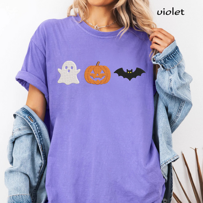 Ghost Pumpkin Bat Trio Machine Embroidery Design - Minimalist Halloween Line Digital File (4in, 5in, 7in, 9in) - EMB, DST, JEF, EXP, PES, VP3, HUS, XXX