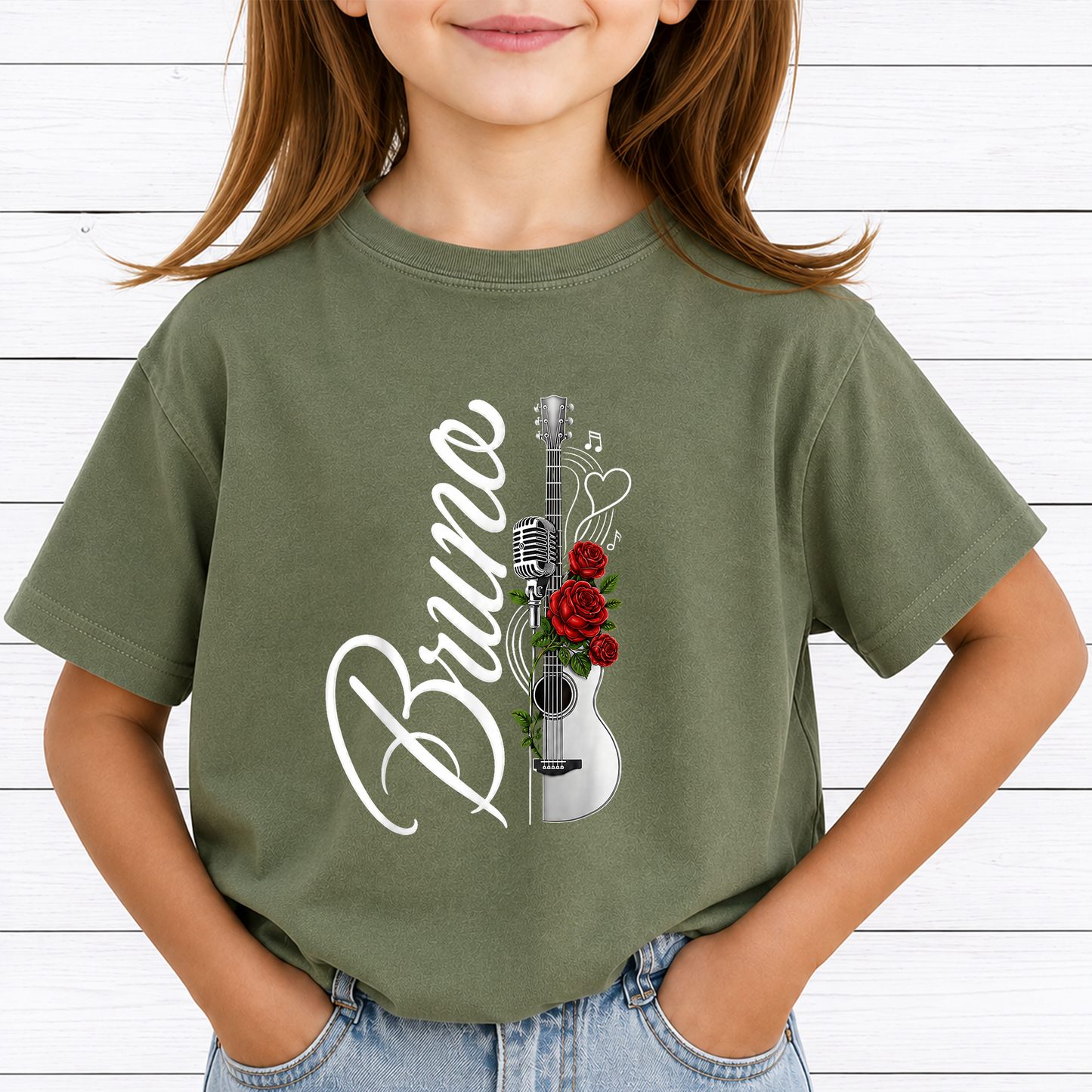 Bruno Concert PNG Sublimation Design - Vertical Script Acoustic Guitar Red Rose Microphone Digital File (4500x5000px, 300 DPI Transparent PNG)