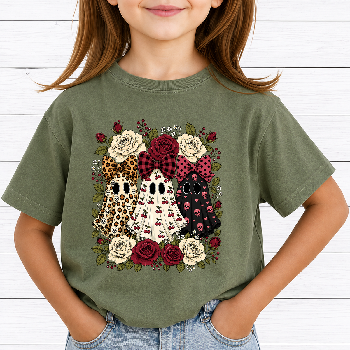 Coquette Ghosts PNG Sublimation Design - Vintage Floral Cherry Leopard Bow Skull Roses Halloween Digital File (4500x5000px, 300 DPI Transparent PNG)