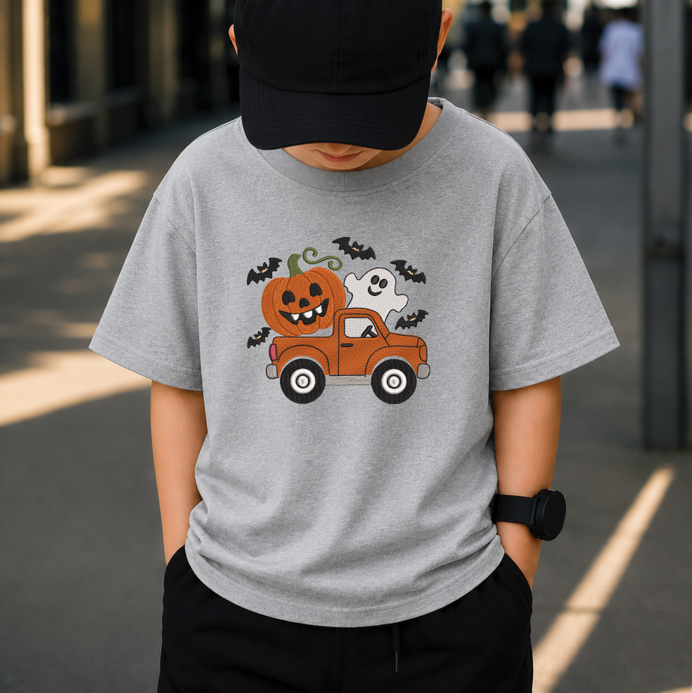 Halloween Pumpkin Truck Embroidery Design, Vintage Pickup with Ghost & Jack O Lantern Machine Embroidery File, PES DST EXP JEF VP3 HUS XXX