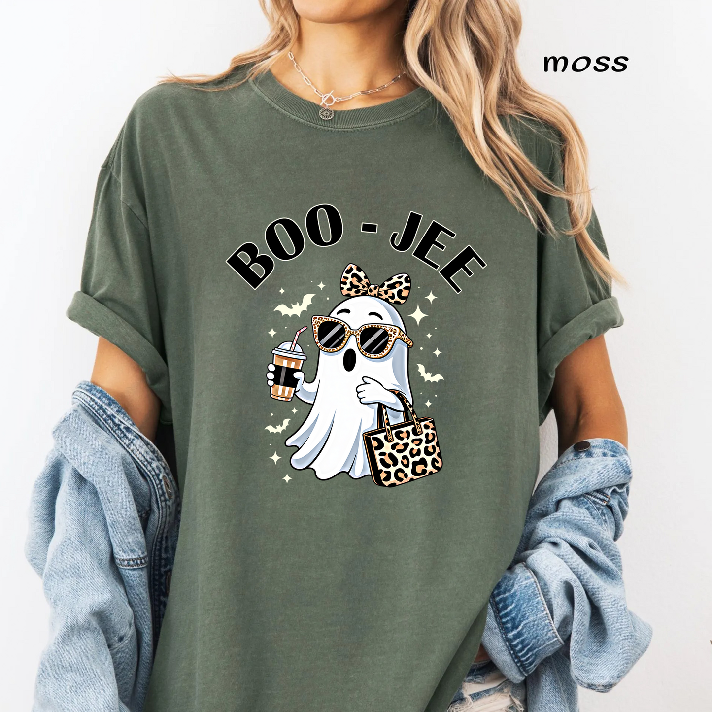 Boojee Ghost PNG Sublimation Design - Trendy Leopard Bow Iced Coffee Glasses Halloween Digital File (4500x5000px, 300 DPI Transparent PNG)