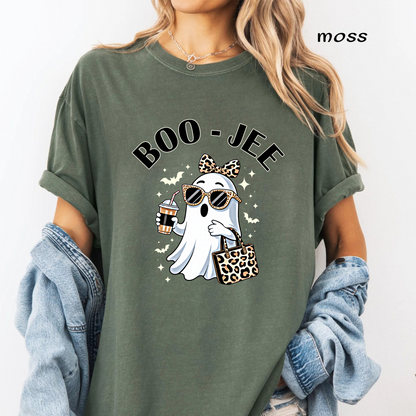 Boojee Ghost PNG Sublimation Design - Trendy Leopard Bow Iced Coffee Glasses Halloween Digital File (4500x5000px, 300 DPI Transparent PNG)