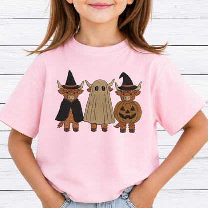 Halloween Highland Cows Trio Machine Embroidery Design - Spooky Farmhouse Ghost Pumpkin Digital File (4in, 5in, 7in, 9in) - EMB, DST, JEF, EXP, PES, VP3, HUS, XXX