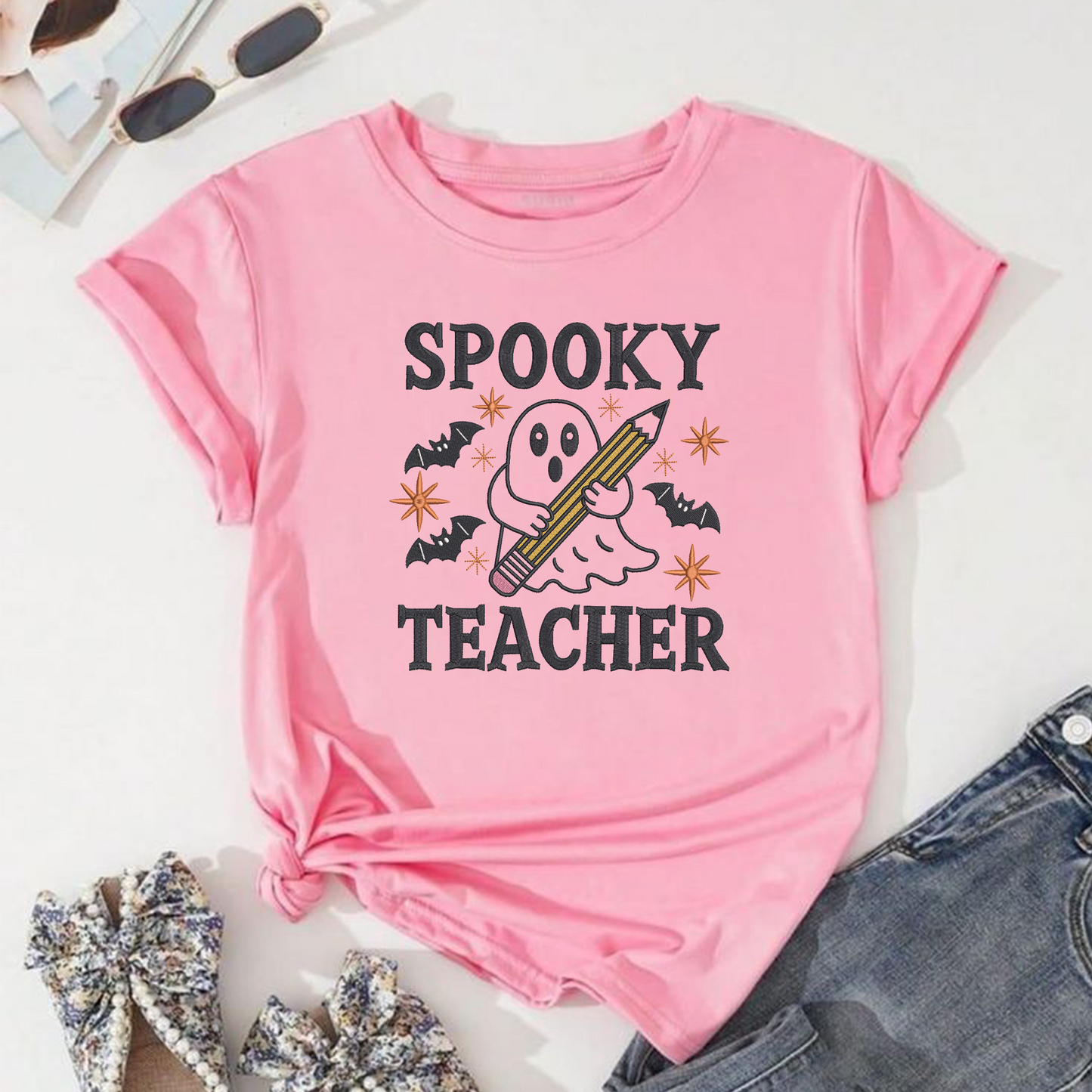 Spooky Teacher Ghost Machine Embroidery Design - Halloween Teacher Pencil Digital File (4in, 5in, 7in, 9in) - EMB, DST, JEF, EXP, PES, VP3, HUS, XXX