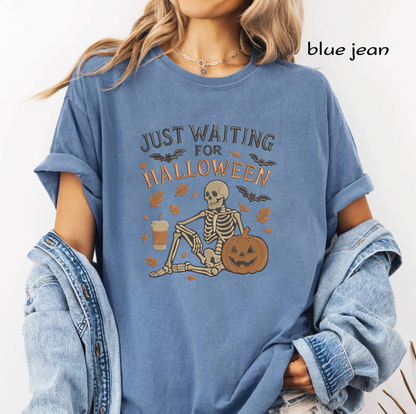 Just Waiting for Halloween Embroidery Design, Skeleton with Pumpkin Machine Embroidery File, Funny Halloween Quote, PES DST EXP JEF VP3 HUS XXX