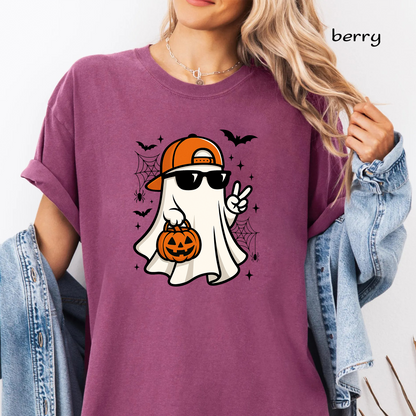Cool Ghost Sunglasses PNG Sublimation Design - Retro Peace Sign Ghost Hat Pumpkin Halloween Digital File (4500x5000px, 300 DPI Transparent PNG)