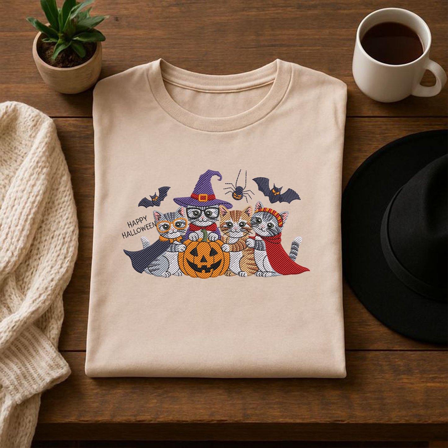 Halloween Kittens Pumpkin Machine Embroidery Design - Cute Cats Witch Spooky Digital File (4in, 5in, 7in, 9in) - EMB, DST, JEF, EXP, PES, VP3, HUS, XXX