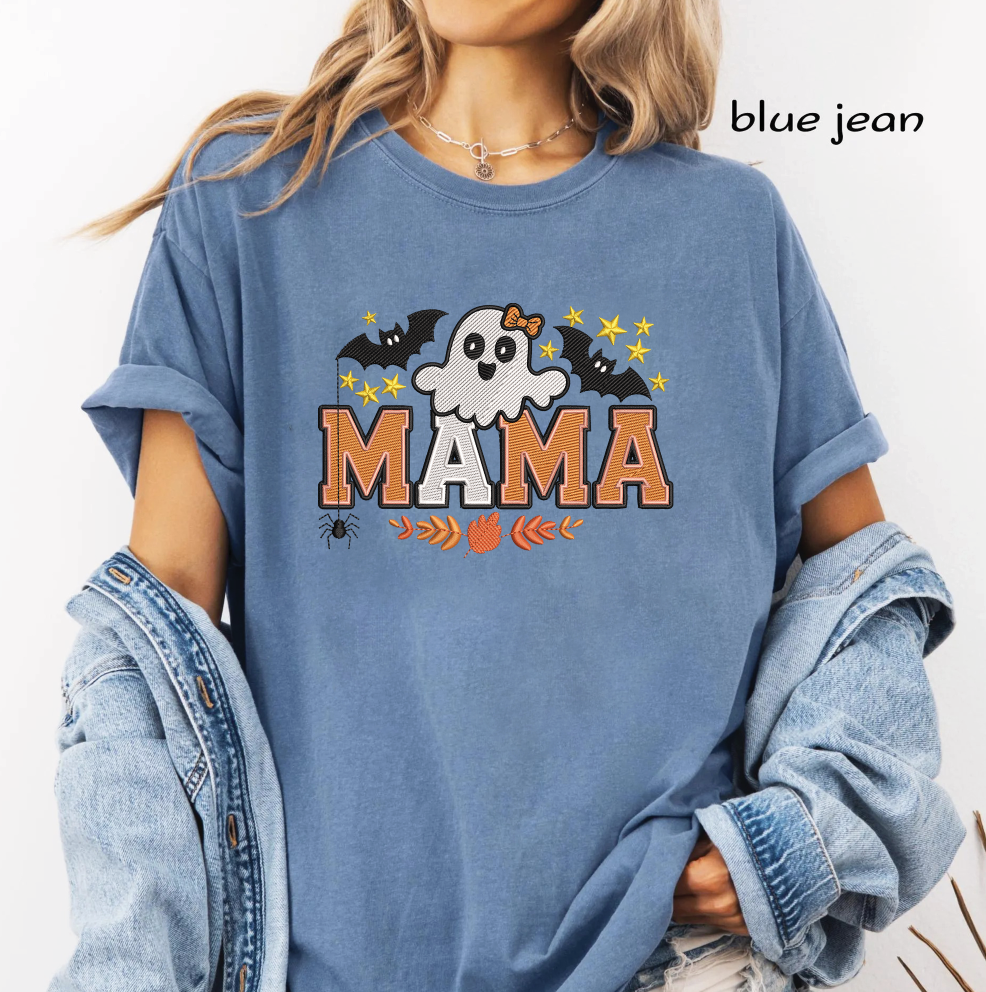 Halloween Mama Ghost Embroidery Design, Cute Mama Machine Embroidery File, Ghost with Bow, Bats & Fall Leaves, PES DST EXP JEF VP3 HUS XXX