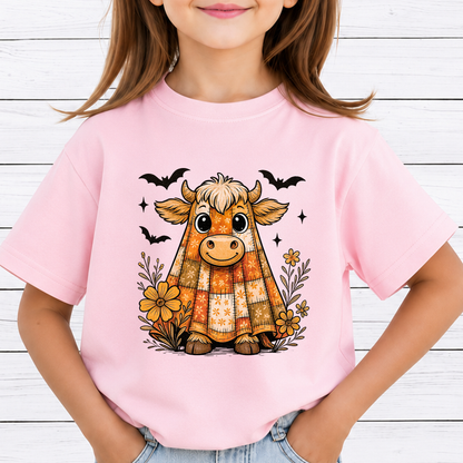 Cute Ghost Highland Cow PNG Sublimation Design - Floral Patchwork Sheet Ghost Halloween Digital File (4500x5000px, 300 DPI Transparent PNG)