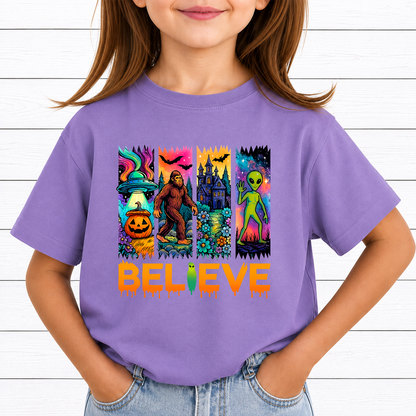Believe Alien UFO PNG Sublimation Design - Psychedelic Retro Bigfoot Haunted Castle Pumpkin Halloween Digital File (4500x5000px, 300 DPI Transparent PNG)