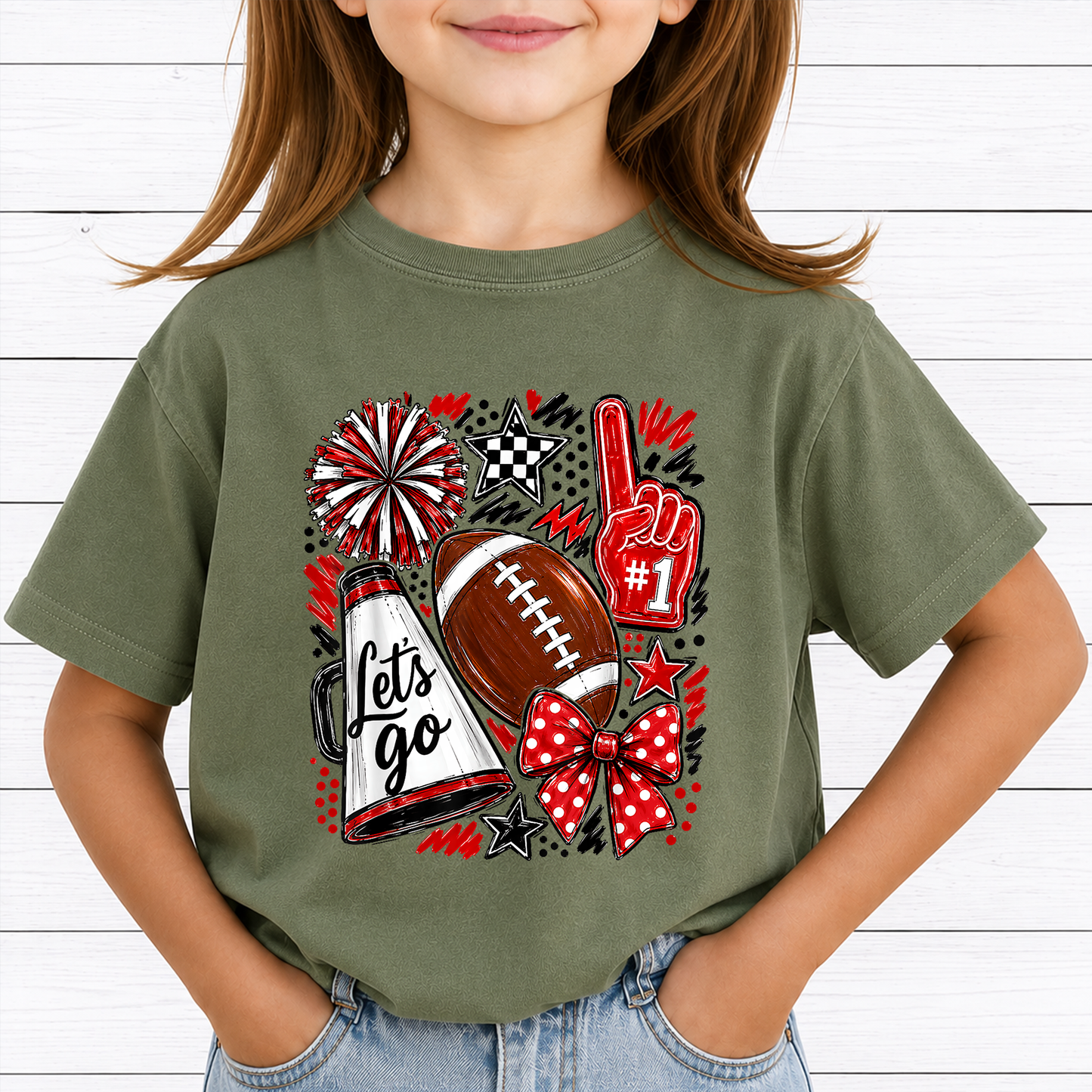 Football Game Day PNG Sublimation Design - 2 Pack Red Green Cheer Megaphone Pom Poms Bow Digital File (4500x5000px, 300 DPI Transparent PNG)