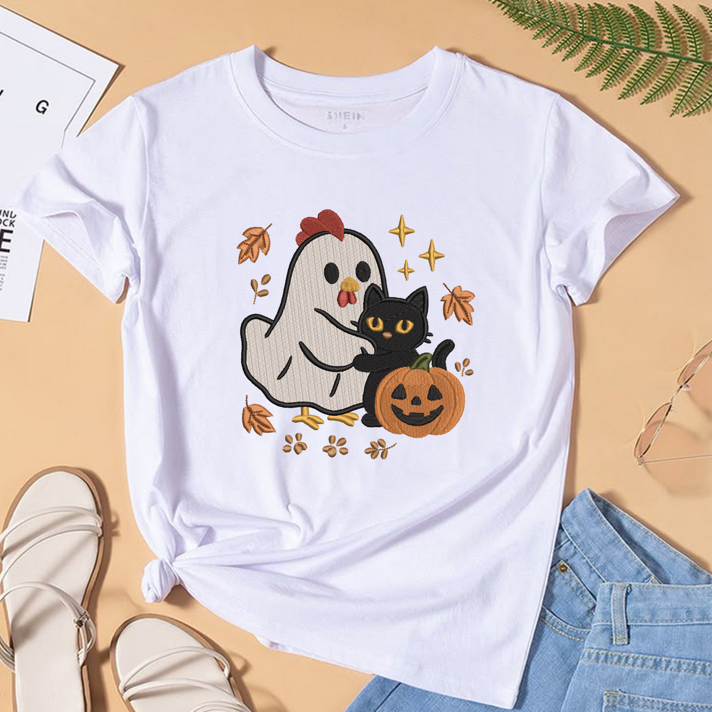 Ghost Chicken Black Cat Machine Embroidery Design - Spooky Farmhouse Pumpkin Digital File (4in, 5in, 7in, 9in) - EMB, DST, JEF, EXP, PES, VP3, HUS, XXX