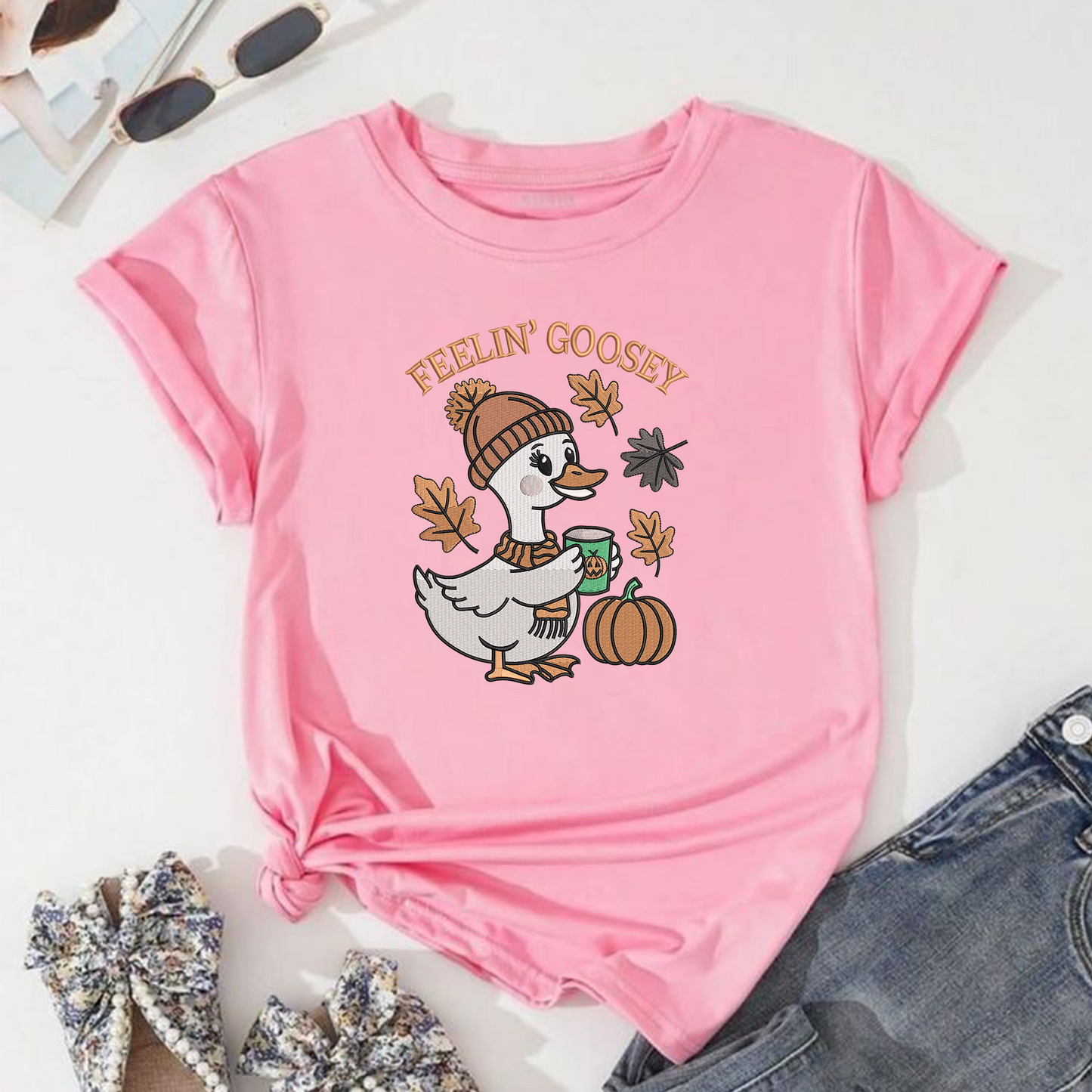 Feelin' Goosey Machine Embroidery Design - Cute Fall Goose Coffee Pumpkin Digital File (4in, 5in, 7in, 9in) - EMB, DST, JEF, EXP, PES, VP3, HUS, XXX