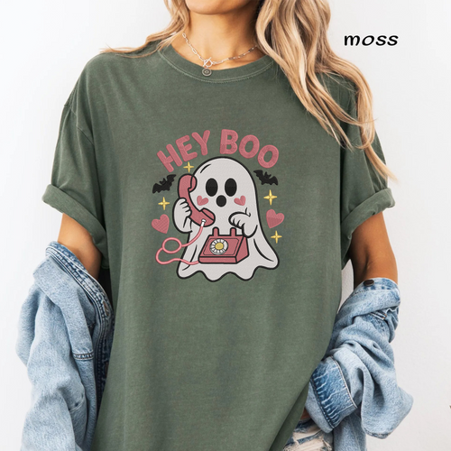 Hey Boo Ghost Embroidery Design, Cute Ghost with Pink Vintage Telephone Machine Embroidery File, Halloween, PES DST EXP JEF VP3 HUS XXX