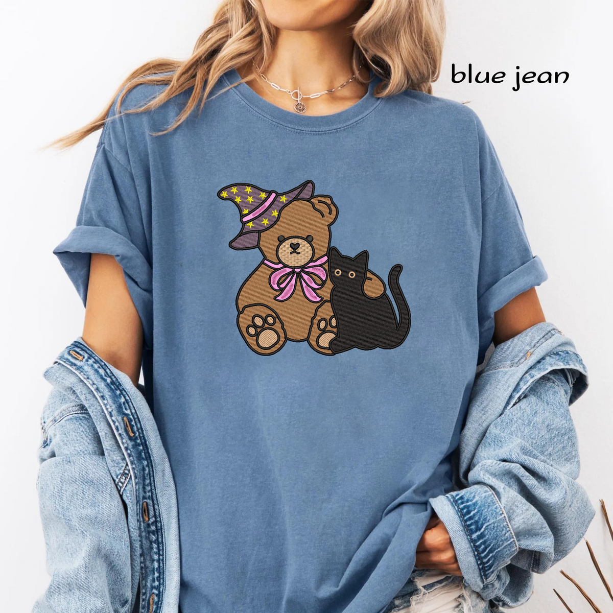 Witch Teddy Bear and Black Cat Machine Embroidery Design - Cute Pink Bow Halloween Digital File (4in, 5in, 7in, 9in) - EMB, DST, JEF, EXP, PES, VP3, HUS, XXX