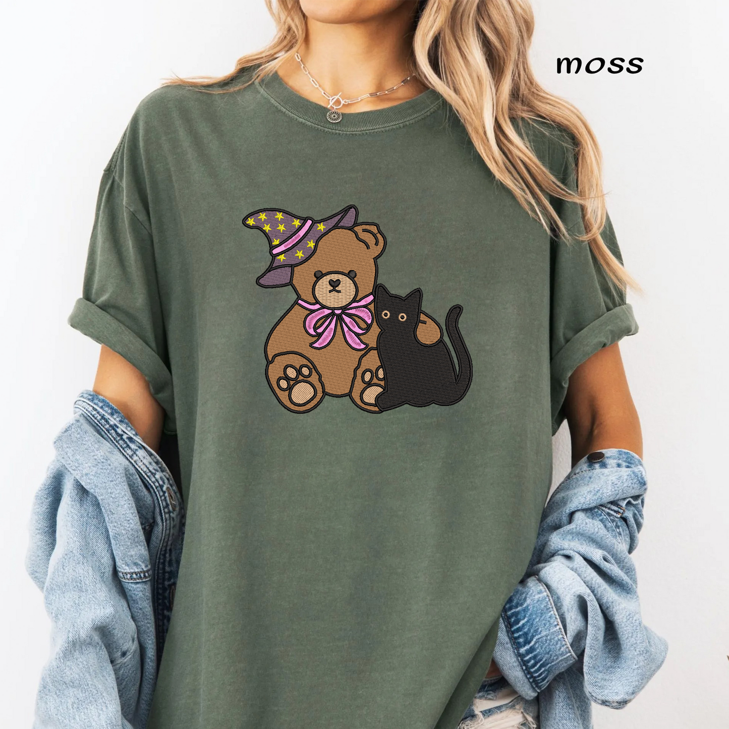 Witch Teddy Bear and Black Cat Machine Embroidery Design - Cute Pink Bow Halloween Digital File (4in, 5in, 7in, 9in) - EMB, DST, JEF, EXP, PES, VP3, HUS, XXX