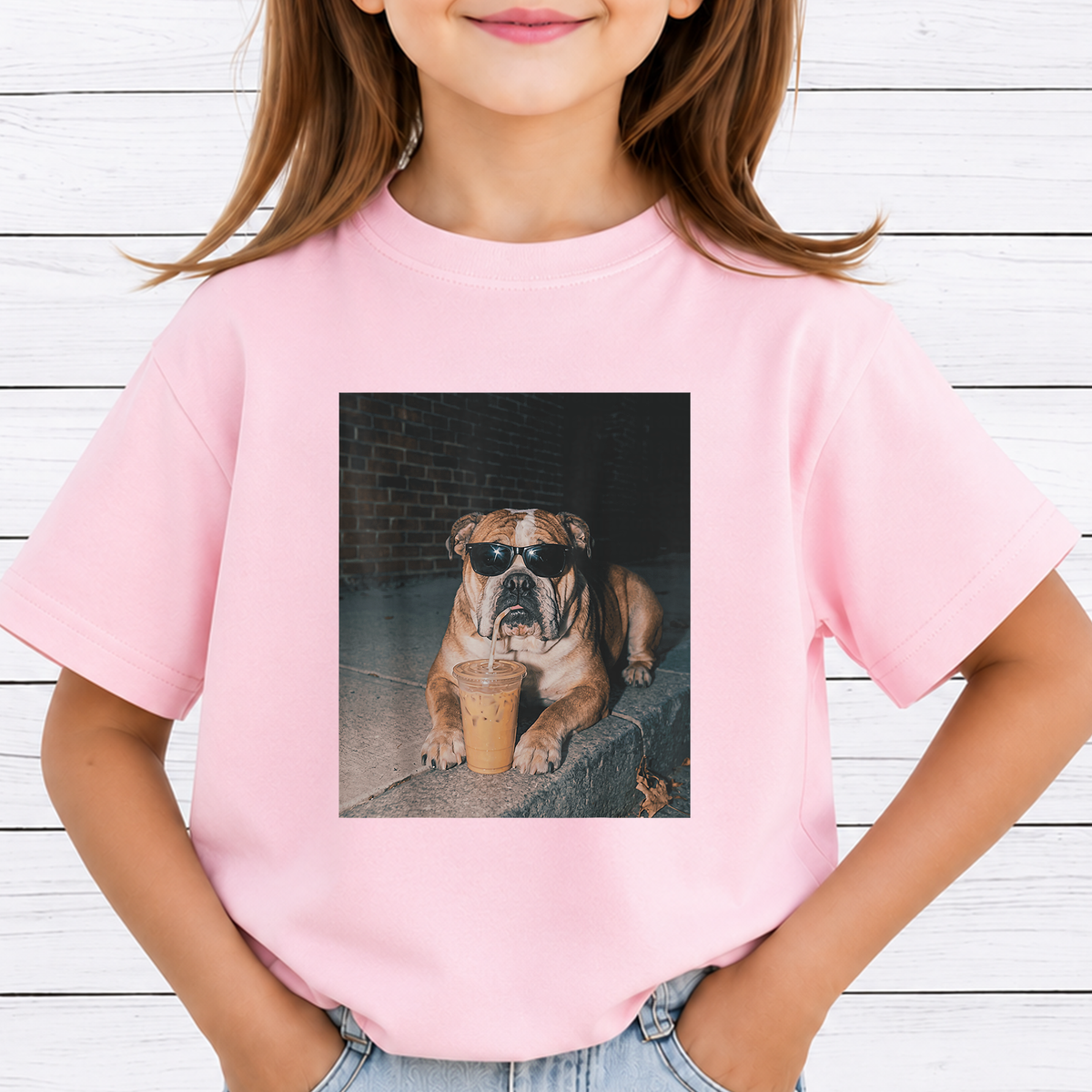 Cool English Bulldog Drinking Iced Coffee PNG Sublimation Design - Dog Lover Sunglasses Streetwear Digital File (4500x5000px, 300 DPI Transparent PNG)