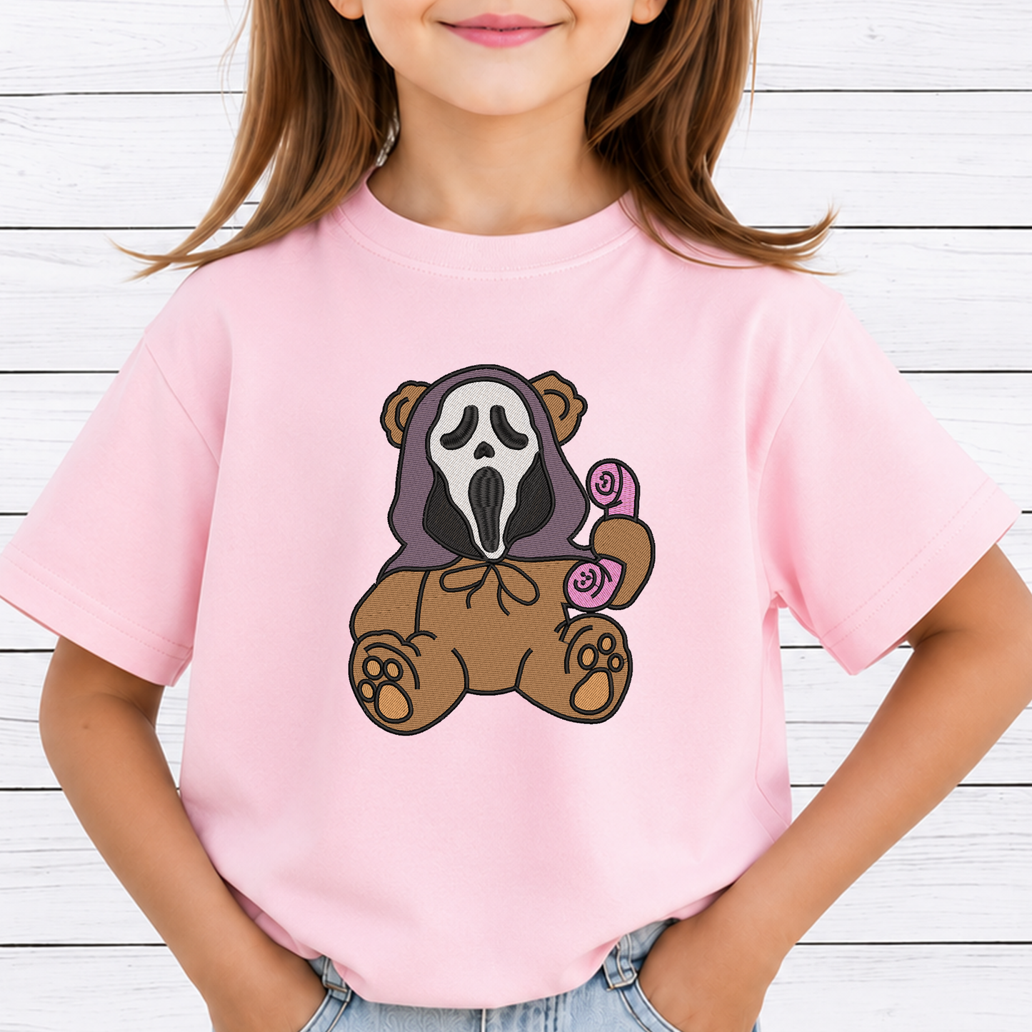 Ghostface Scream Teddy Bear Machine Embroidery Design - Cute Pink Phone Horror Halloween Digital File (4in, 5in, 7in, 9in) - EMB, DST, JEF, EXP, PES, VP3, HUS, XXX