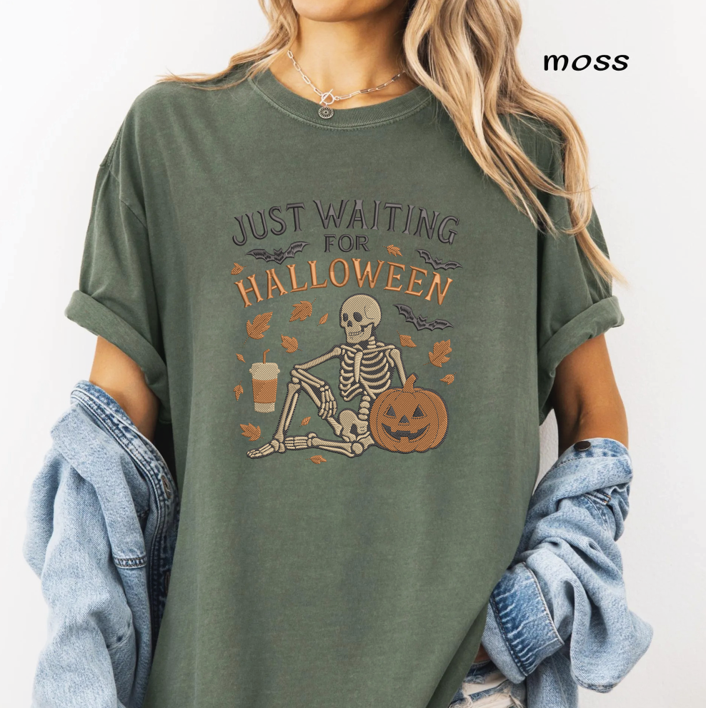 Just Waiting for Halloween Embroidery Design, Skeleton with Pumpkin Machine Embroidery File, Funny Halloween Quote, PES DST EXP JEF VP3 HUS XXX