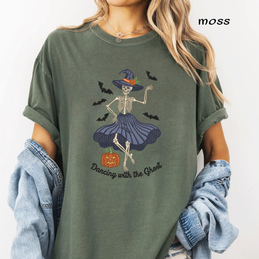 Dancing with the Ghost Skeleton Witch Embroidery Design, Halloween Skeleton Lady Machine Embroidery File, Pumpkin, PES DST EXP JEF VP3 HUS XXX