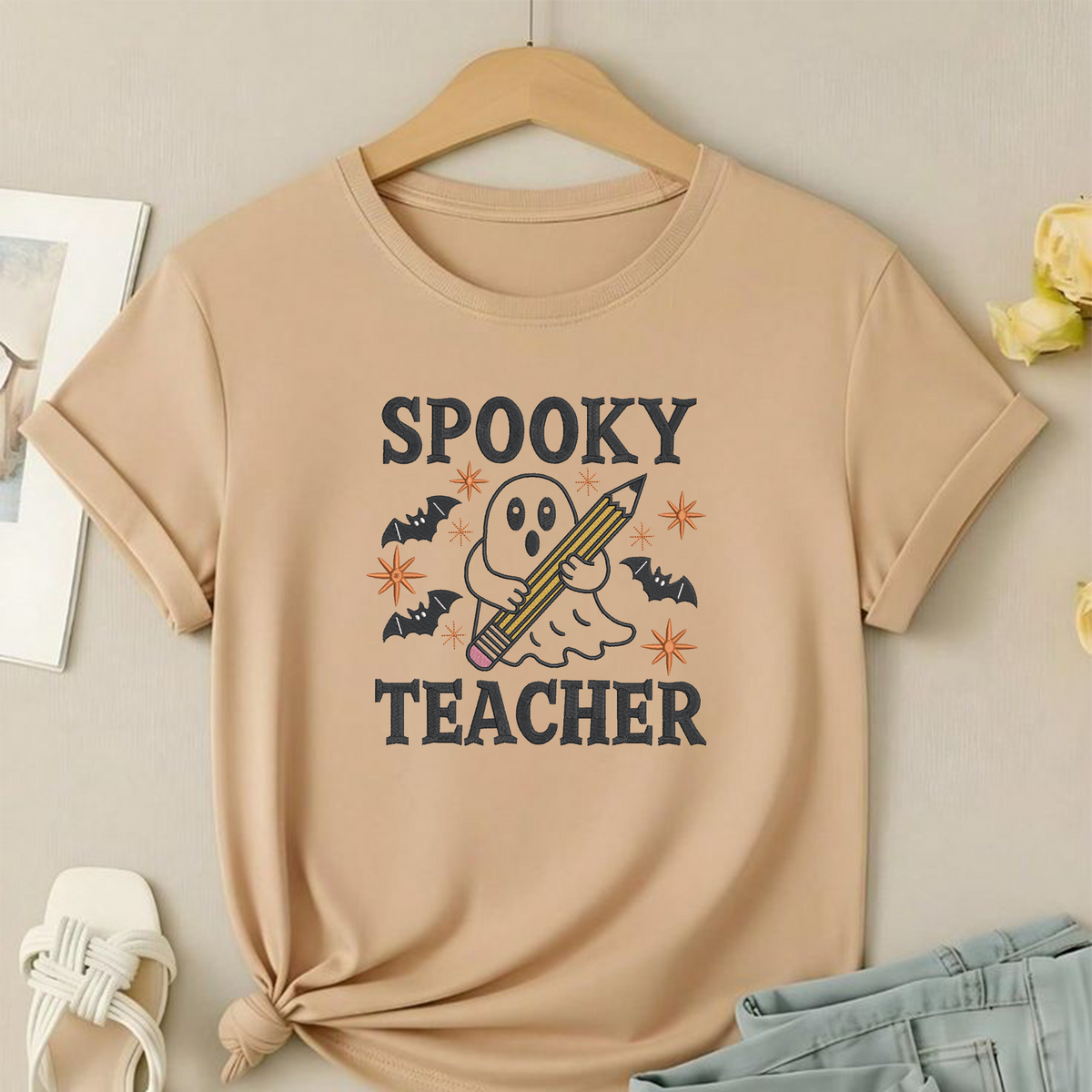 Spooky Teacher Ghost Machine Embroidery Design - Halloween Teacher Pencil Digital File (4in, 5in, 7in, 9in) - EMB, DST, JEF, EXP, PES, VP3, HUS, XXX