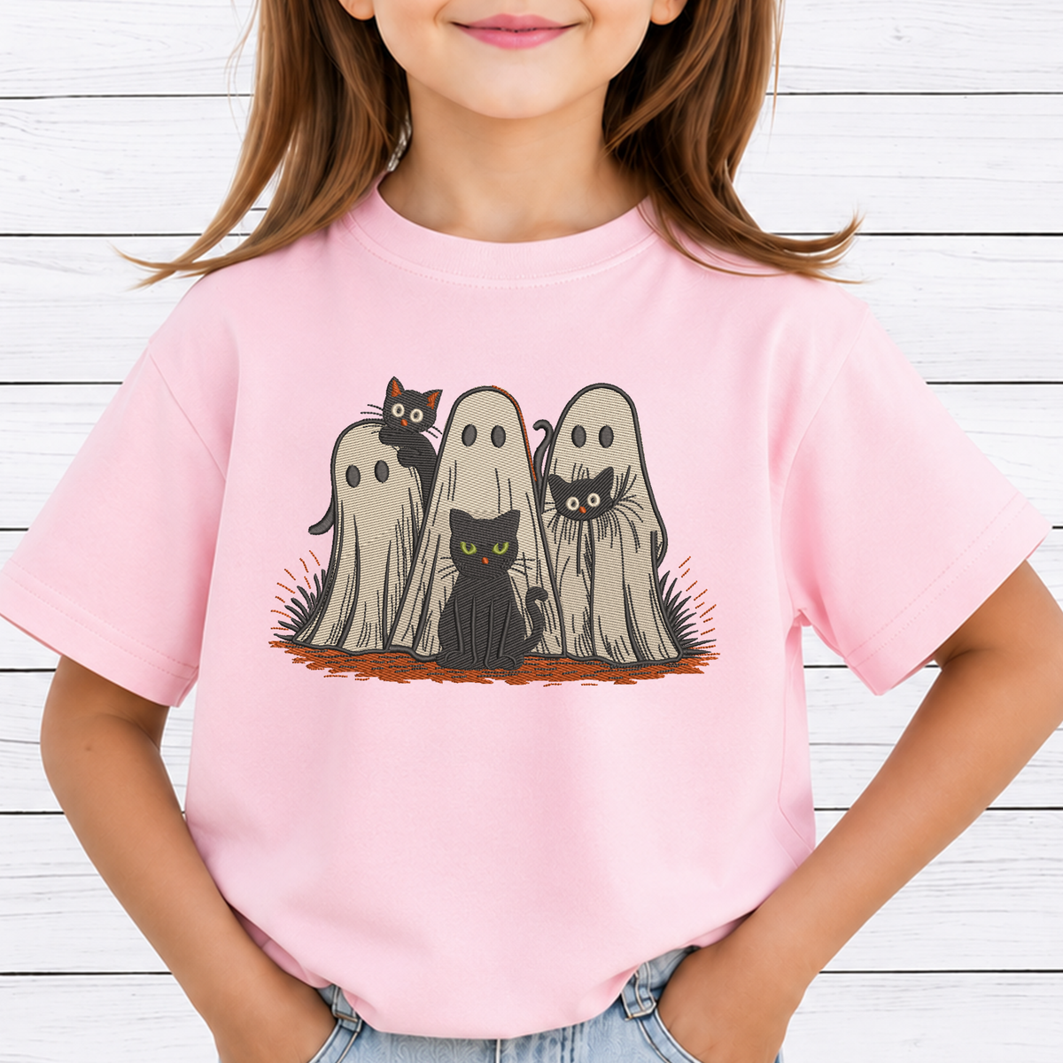 Ghosts and Black Cats Trio Machine Embroidery Design - Spooky Cute Sheet Ghosts Digital File (4in, 5in, 7in, 9in) - EMB, DST, JEF, EXP, PES, VP3, HUS, XXX