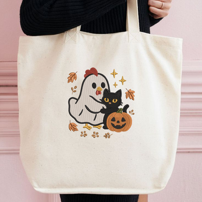 Ghost Chicken Black Cat Machine Embroidery Design - Spooky Farmhouse Pumpkin Digital File (4in, 5in, 7in, 9in) - EMB, DST, JEF, EXP, PES, VP3, HUS, XXX
