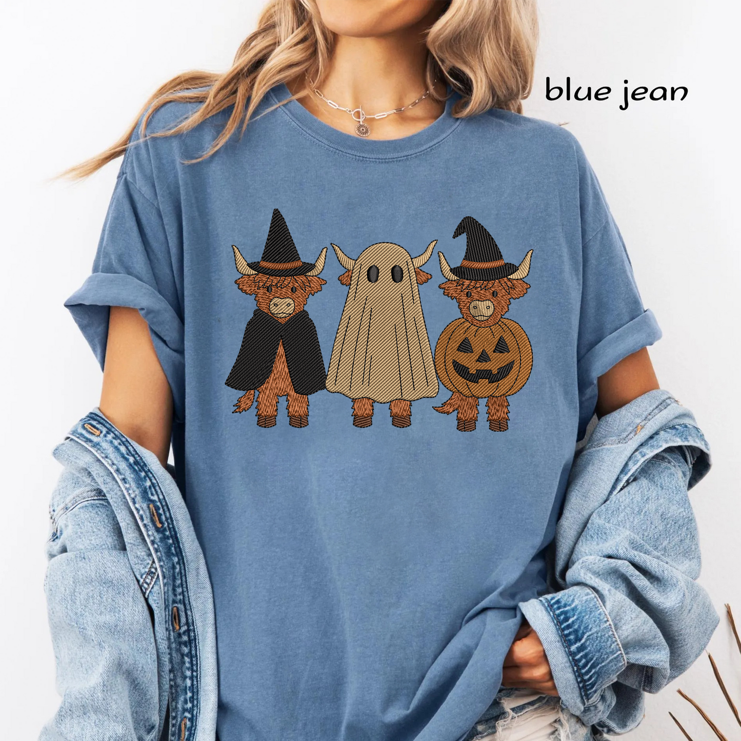 Halloween Highland Cows Trio Machine Embroidery Design - Spooky Farmhouse Ghost Pumpkin Digital File (4in, 5in, 7in, 9in) - EMB, DST, JEF, EXP, PES, VP3, HUS, XXX