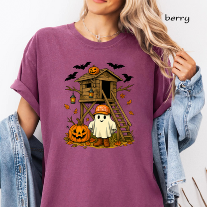 Halloween Treehouse PNG Sublimation Design - Cute Ghost in Boots Trick or Treat Pumpkin Digital File (4500x5000px, 300 DPI Transparent PNG)