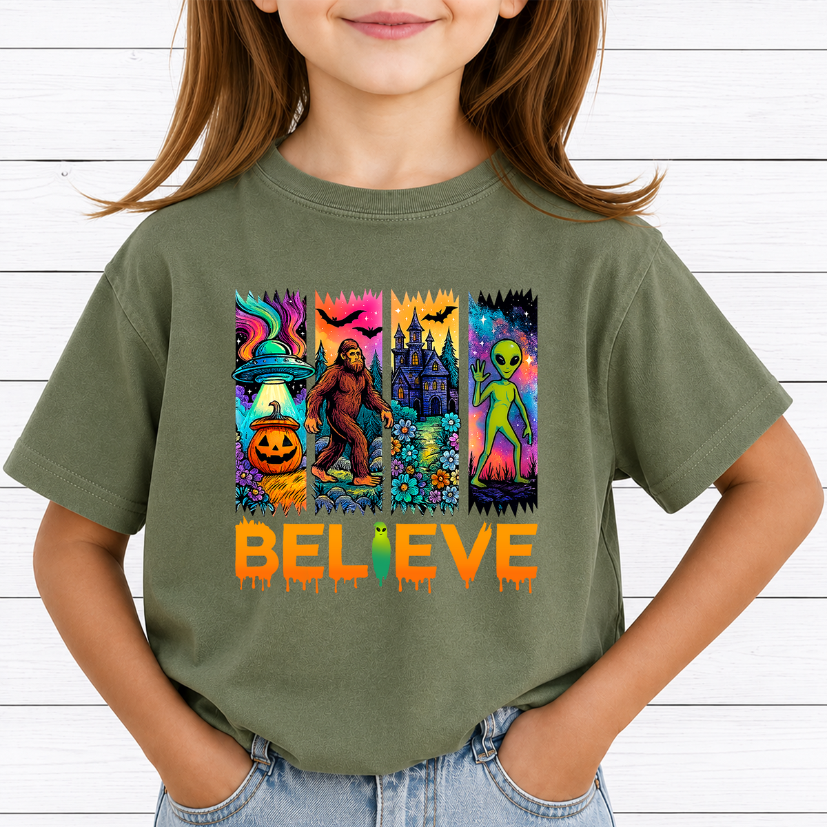 Believe Alien UFO PNG Sublimation Design - Psychedelic Retro Bigfoot Haunted Castle Pumpkin Halloween Digital File (4500x5000px, 300 DPI Transparent PNG)