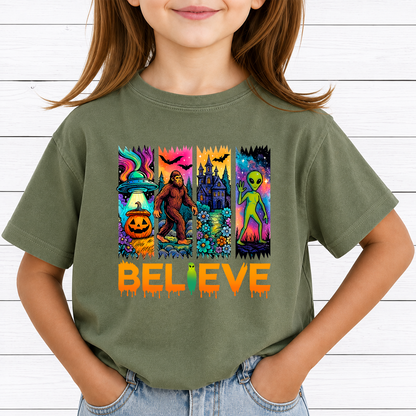 Believe Alien UFO PNG Sublimation Design - Psychedelic Retro Bigfoot Haunted Castle Pumpkin Halloween Digital File (4500x5000px, 300 DPI Transparent PNG)