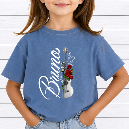 Bruno Concert PNG Sublimation Design - Vertical Script Acoustic Guitar Red Rose Microphone Digital File (4500x5000px, 300 DPI Transparent PNG)