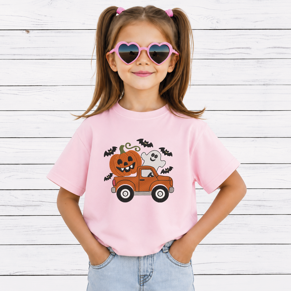Halloween Pumpkin Truck Embroidery Design, Vintage Pickup with Ghost & Jack O Lantern Machine Embroidery File, PES DST EXP JEF VP3 HUS XXX