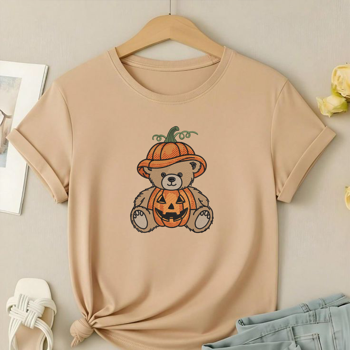 Pumpkin Teddy Bear Machine Embroidery Design - Cute Halloween Bear Digital File (4in, 5in, 7in, 9in) - EMB, DST, JEF, EXP, PES, VP3, HUS, XXX