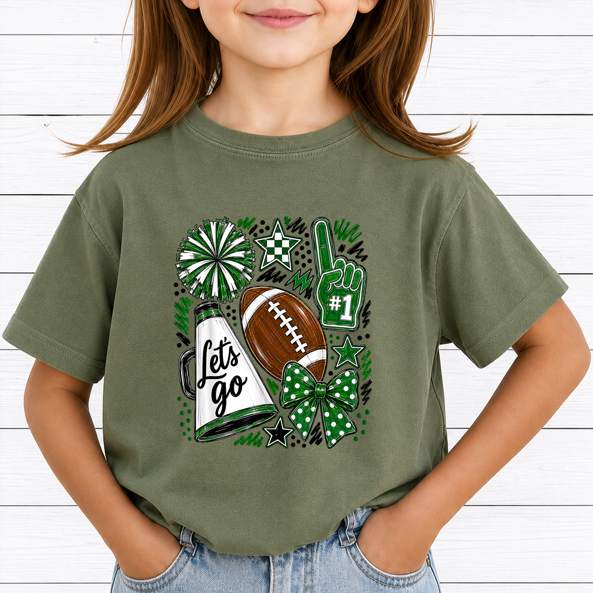 Football Game Day PNG Sublimation Design - 2 Pack Red Green Cheer Megaphone Pom Poms Bow Digital File (4500x5000px, 300 DPI Transparent PNG)