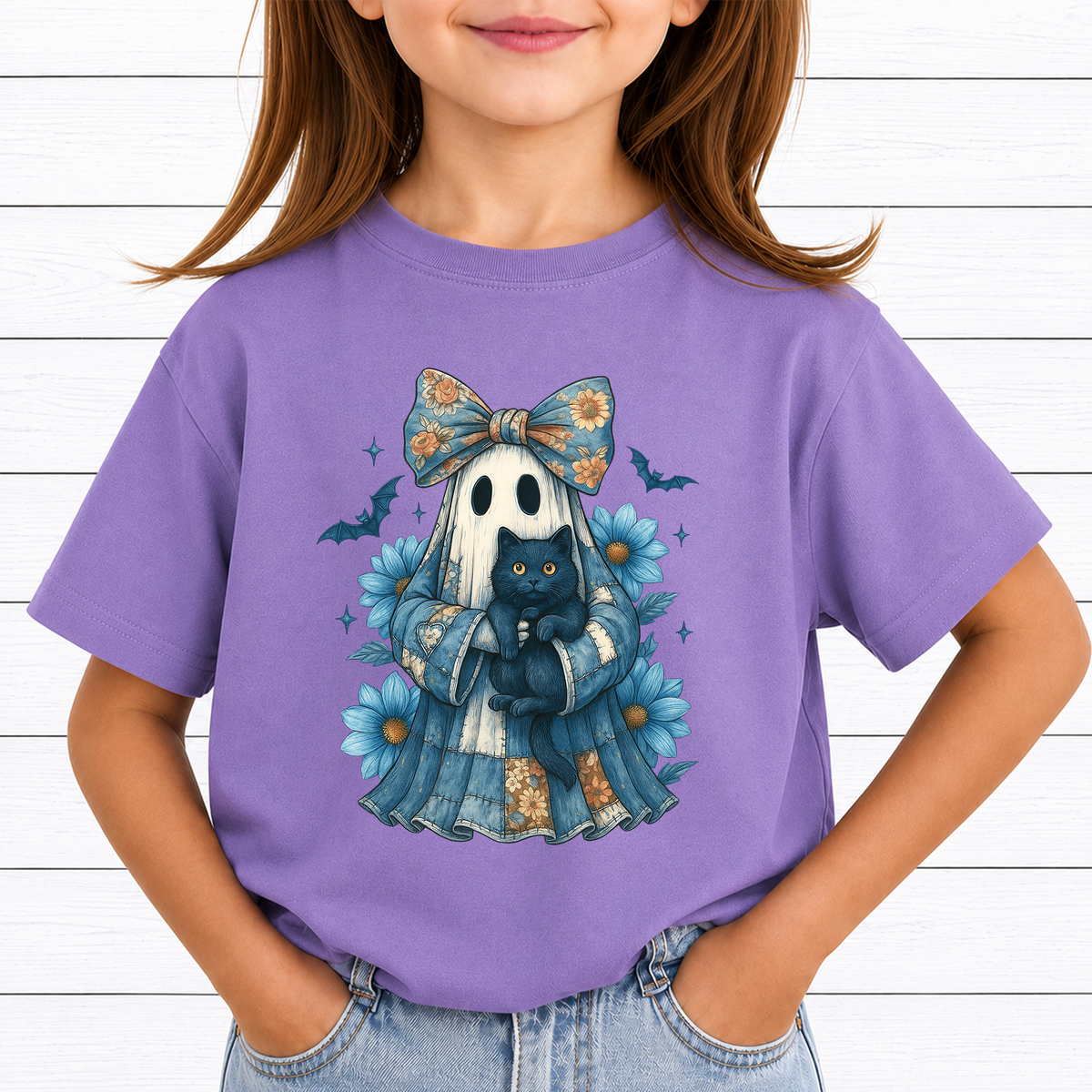 Blue Coquette Ghost PNG Sublimation Design - Vintage Floral Patchwork Sheet Ghost Black Cat Daisy Digital File (4500x5000px, 300 DPI Transparent PNG)